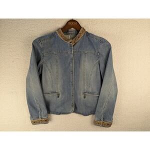 Liz Claiborne 100% Cotton Blue Denim Brown Sequined Jacket Sz L